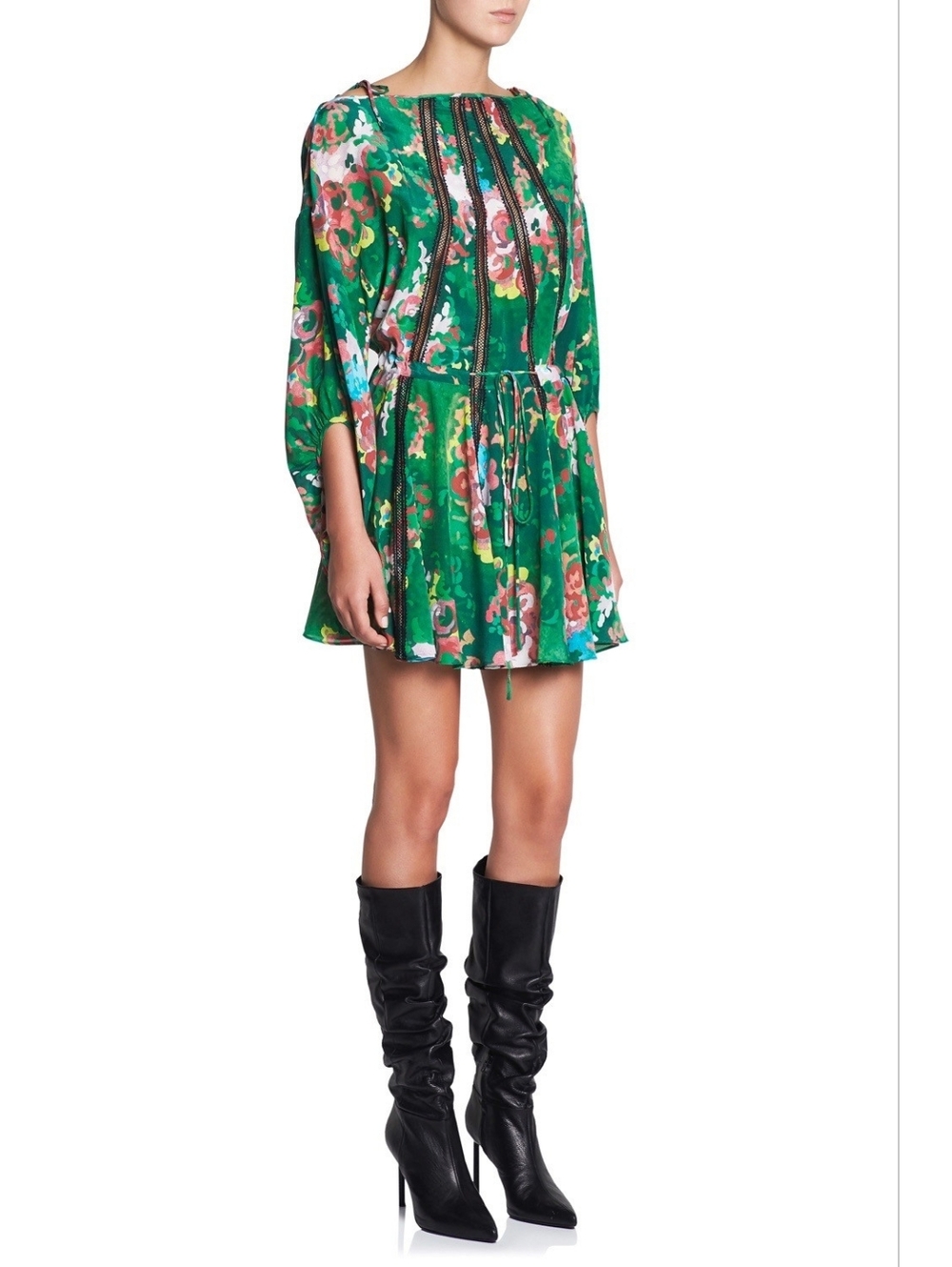 Manning Cartell Flower Show Silk Mini Dress Emerald Green Floral Lace Inset Sz 4